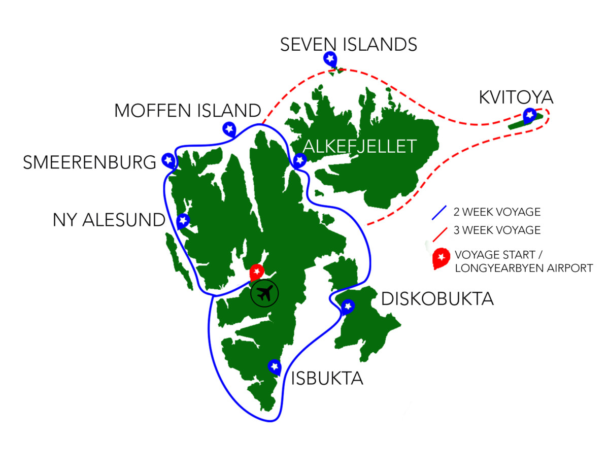 Svalbard Cruise Route Map for Expedition Motor Boat Grey Wolf.