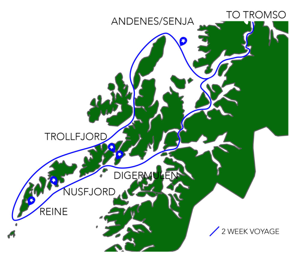 Grey Wolf Cruising Route for the Lofoten Islands, Norway.